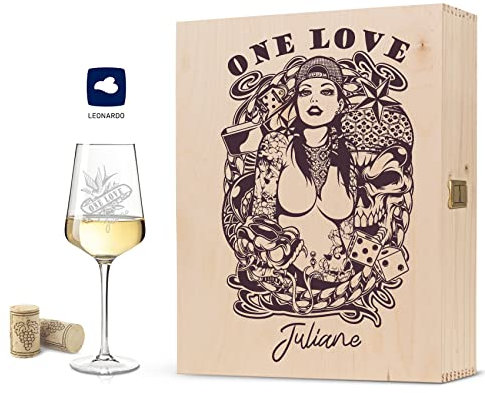 GRAVURZEILE Leonardo Weinglas - Tattoo Girl One Love - Personalisiert mit Name - inkl. Holzkiste im Old School Tattoo Design - Geschenk zum Geburtstag Mädelsabend - für Sie - Farbe: Große Kiste UV