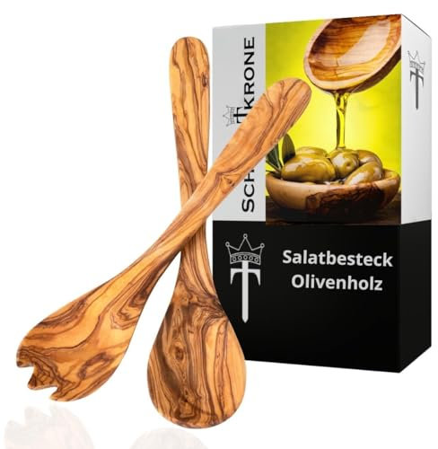 SCHWERTKRONE® Salatbesteck Holz [AUS ITALIENISCHEM OLIVENHOLZ] - Salatbesteck Olivenholz - Küchenutensilien Holz - Holzlöffel Set Olivenholz Kochbesteck - (Länge: 30cm)