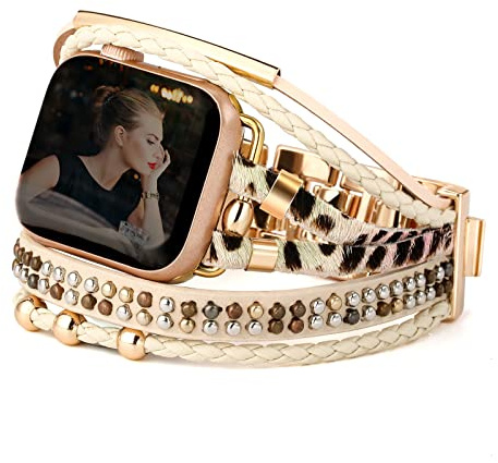 CHARMINGO Boho-läderarmband kompatibelt med Apple Watch-band för kvinnor och män 38 mm 40 mm 41 mm 42 mm 44 mm 45 mm 49 mm – flerskikts omlott Apple Watch-rem för gulligt Iwatch Band serie 9 8 7 6 SE,