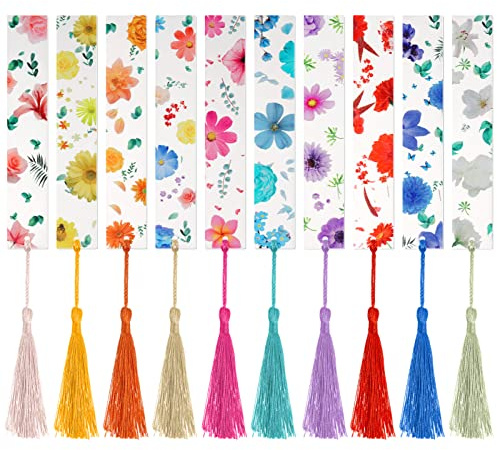 Dacitiery 10 Pcs Pressed Flower Bookmarks, Dried Flower Resin Bookmarks, Pressed Floral Reading Page Markers with Tassel Book Markers for Readers Teachers Students Graduation Birthday Gift