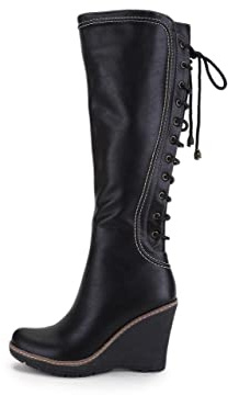 ANN CREEK Women's Black Knee High Wedge Heel Boots - Over The Knee, Round Toe, Lace Up, Zipper, Long, Tall, Wide Calf - Camuy Size 7