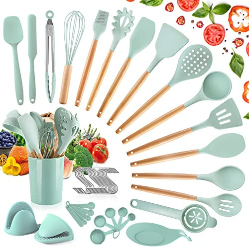 TWBEST 49 Piezas Utensilios Cocina de Silicona,Utensilios de Cocina de Silicona,Pinzas Para Alimentos, Pinzas Para Pasta,Frasco de Almacenamiento,5 Cucharas Medidoras y Ganchos