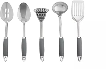 Martin Mart 5 Piece Stainless Steel Utensils and Caddy This Kitchen Tools Set Includes A Ladle A Slotted Spoon A Fish Slice Masher and A Serving Spoon - Grey