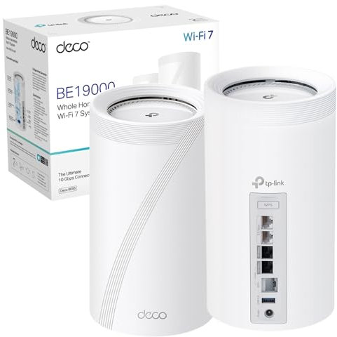 TP-Link Deco BE85(2-pack) Tri-Band BE19000Mbps Whole Home Mesh WiFi 7 System, Quad-Core CPU WiFi Extender Booster, Ultra-Fast 2x 10 Gbps Wired WAN/LAN Ports, 320 MHz Channels, 4K-QAM, HomeShield