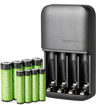 Amazon Basics 8 Count Rechargeable NiMh Batteries (4 AA & 4 AAA) with 4-Bay Battery Charger, Low Self Discharge, Pre-Charged, Type A (American) Plug, Black