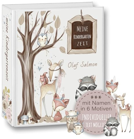 Kindergarten Ordner personalisiert mit Namen Wunschtext Jesen Reh Fuchs Bär Waschbär Eichhörnchen A4 - Meine Kindergartenzeit Kindergartenordner Portfolioordner Sammelordner Junge Mädchen Grau