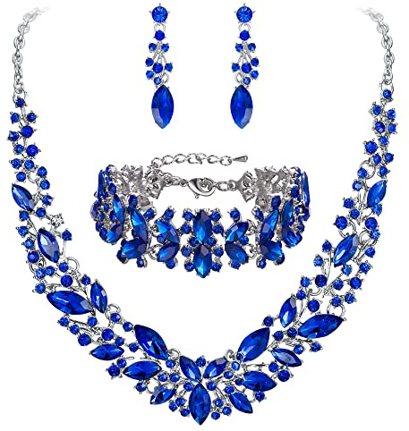 Clearine Collar de novia de boda, pendientes y pulsera, conjunto de joyas para mujer, cristal, marquesa, collar de racimo, tono plateado, claro, Acero aleado Cristal de aleación, 12002757-1A