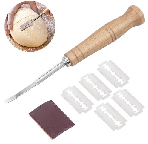 Sanrolax Bäckermesser Teig Rasiermesser Baguettemesser Brot Lahm mit 6 Klingen und Lederschutzhülle Teigmesser für DIY Brot Backen