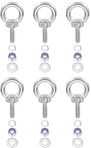 PATIKIL Perno de Ojo de Elevación M3 x 9mm, 6 Piezas de Acero Inoxidable 304 con Rosca y Anillo de Elevación con Tuercas y Arandelas para Colgar Hamacas y Artículos