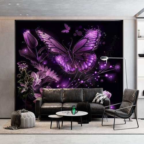 Vlies Fototapete Kinderzimmer B200 x H140 cm, Traum Pflanze Blume Schmetterling Fototapeten Tapeten für Kindertapete - Lila Vliestapete Wandtapete Wanddeko Tapete 3D Effekt Schlafzimmer