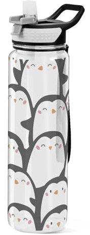 Mnsruu Transparente Sport-Wasserflasche mit Strohhalm, auslaufsichere Trinkflasche, niedlicher Pinguin, schwarz-weiß, Tier-Fahrradflaschen für Sport, Büro, Schule, BPA-freier Tritan-Kunststoff, 1
