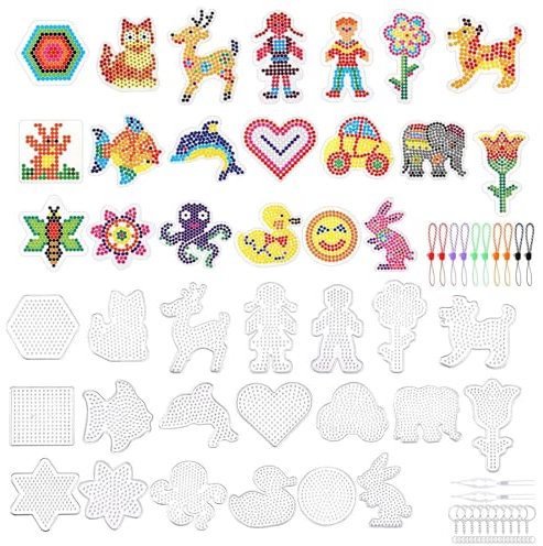 20 Stück BüGelperlen Platten, Transparente Steckplatten mit Pinzetten Aufhängeseile, Kunststoff BüGelperlen Vorlagen für Perlen Basteln Kinder Bastelbedarf Geschenk Jung Mädchen DIY Bastelperlen,(5mm)