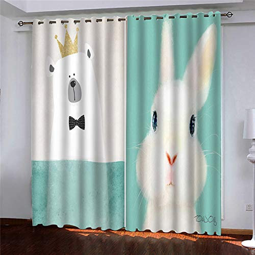 MAYNUO Blickdichte Vorhänge Mit Motiv 3D Weißes Tier Kaninchen Kinder Gardinen Ösen Gardine Thermo 280x160 cm Schlafzimmer Kinderzimmer Vorhange Dekoratives Muster, Verdunklungsvorhänge