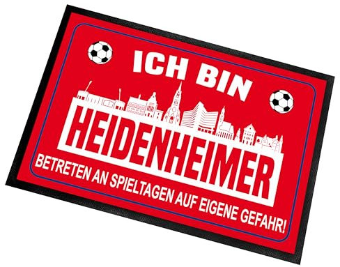 Herzbotschaft Fußmatte für Fußballfans mit Skyline | 60x40cm | Ich Bin Heidenheimer - Betreten an Spieltagen auf eigene Gefahr! | Zeige Deine Stadtliebe und Fußballbegeisterung! | für innen und außen