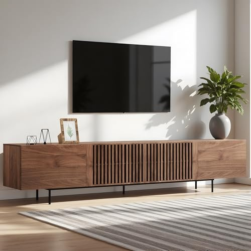 LineCrispton Long TV Unit in Walnut - Mid Century Wooden TV Stand Cabinet for 65, 75, and 85 Inch Televisions, Large Modern Media Unit with Storage for Living Room(L: 240cm)
