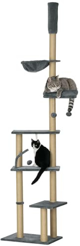 PawHut Árbol para Gatos de Suelo a Techo de 230-250 cm Árbol Rascador para Gatos con Altura Ajustable Múltiples Plataformas Cestos Hamaca Bolas Colgantes Gris