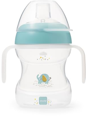 MAM Trinkbecher lernen | 190 ml Kleinkind Trinkbecher nachtleuchtenden Flaschengriffen | zum Füttern und Trinken lernen | Blau (verschiedene Designs)