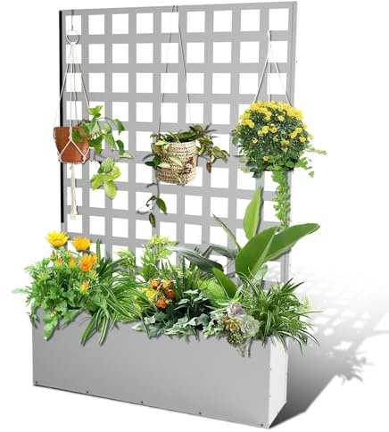 Freestanding Raised Planter Box, 180x118x30cm Garden Planter with Trellis, Metal Garden Bed with Trellis, Privacy Screen & Drainage Holes, Outdoor Elevated Trough Raised Bed for Climbing Plants-Wh