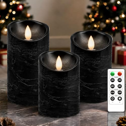 PinnWaa LED Kerzen, 3 Stumpenkerzen, Flammenlos, Flackernd, Schwarz | 10-Tasten-Fernbedienung, Timer 2/4/6/8 Std, Batteriebetrieb, Dimmbares Licht, Weihnachtsdeko, Hochzeit, Party und Tischdeko