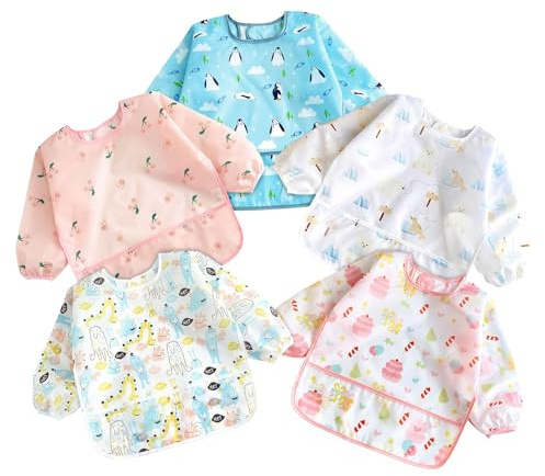 Culinavog 5 stycken haklappar med ärmar, 5 mönster, ärmhaklappar i maskin tvättbar & vattentät, unisex haklapp baby för målning och mat, babyhaklapp med ärmar lämplig för 6–36 månader barn