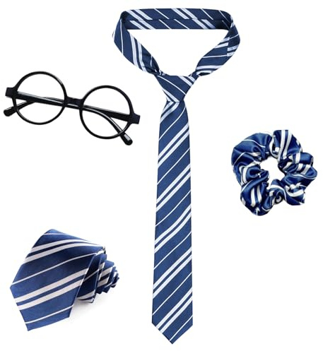 YAEGIMHT 4 Stück Zauberer Kostüm Kinder Erwachsene Accessoires, Blau Gestreifte Krawatte Stirnband Zauberstab Runder Brillen, Wizard Magische Kostüm Faschingskostüm Haarschmuck für Cosplay