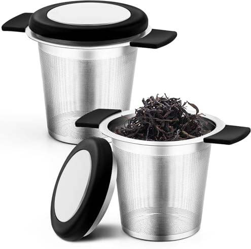 2 Stück Teesieb für Losen Tee aus 304 Rostfreiem Edelstahl, Teesieb für Tasse mit Deckel und Silikon Griffe, Wiederverwendbar, Passend Geeignet für die Meisten Teetassen, Teeschalen