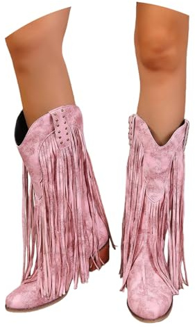 LDXEQIZ Stivali da Cowboy Vintage Western con Frange Boots A Gambale Lungo da Donna A Punta con Tacco A Blocco Stivali da Equitazione Taglie Forti con Rivetti Scarpe Slip-on for Concerti(Pink,42 EU)