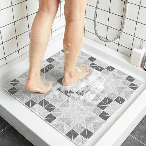 BLESWIN Loofah Bath Mat for Inside Shower, 24x24 Bathtub Mat Non Slip for Elderly, Square Shower Mat with Drain Hole for Stand Up Shower, Bathroom, Quick Drying& Easy Clean, Gray Geometry