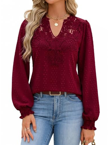 heekpek Womens Tops V Neck Long Sleeve Shirts Boho Lace Top | Casual Blouses,Basic Sexy Peplum T Shirt,Flowy Bohemian Tunic,Autumn Ladies Daily Outfits,Spring Clothing