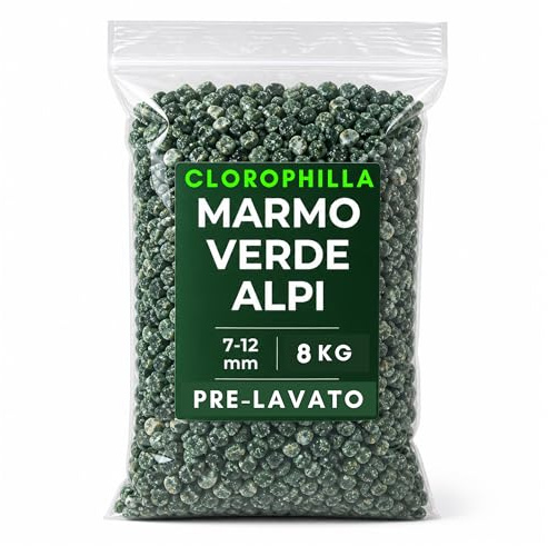 Clorophilla Marmo Verde Alpi Pre-Lavato 7-12 mm – Graniglia Decorativa Naturale per Vasi, Aiuole e Giardini – Pietre Decorative Verdi per Interni ed Esterni (8 KG)