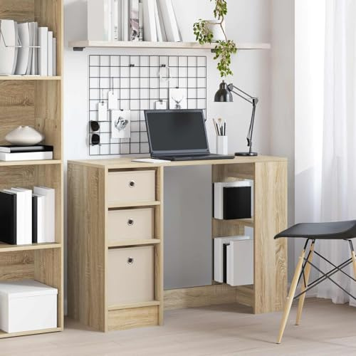 PUGYNBK Scrivania in rovere Sonoma, 100 x 40 x 75 cm, con maniglie a scomparsa, rettangolare, per soggiorno, tavolo da lavoro moderno con cassetti