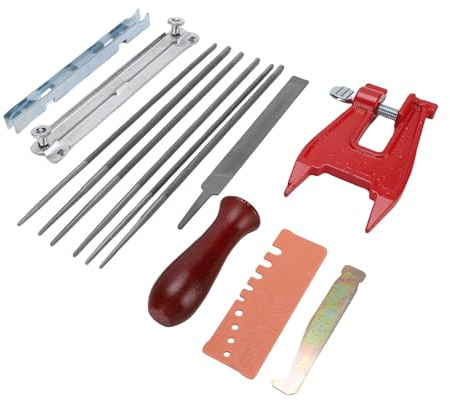 Luocute Kit Lima per Motosega, Affilatrice Universale per Motosega con Morsa per Ceppi, Lima Piatta, Manico in Legno, Misuratore di profondità, Pulitore per Scanalature, Guida di