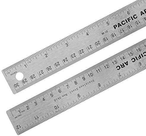 Pacific Arc Stainless Steel 12 Inch Metal Ruler Non-Slip Cork Back, with Inch and Metric Graduations