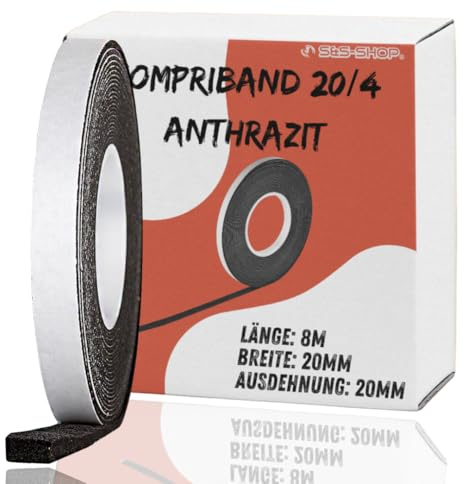 8,0 m komprimeringstejp akryl 300 20/4, antracit bandbredd 20 mm, expanderad från 4 till 20 mm, källband/fogtätningstejp/komprimeringstejp