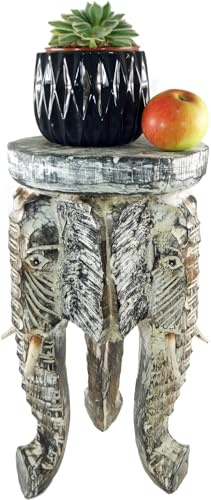 GURU SHOP Blumenbank, Hocker, Dreibeiniger Beistelltisch, Dekoobjekt, 50 cm | Handgeschnitzter Elefantenkopf, ideal für Pflanzen oder Sitzgelegenheit, liebevolle Handarbeit, einzigartiges Dekoobjekt