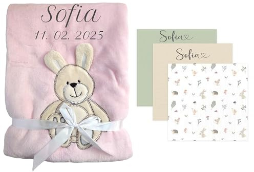 Baby Decke personalisiert + Mulltücher bestickt mit Namen, personalisierte Babygeschenk Mädchen, Musselintücher für Neugeborene, Geschenk zur Erstausstattung, Geburt oder Babyparty (rosa Hase)