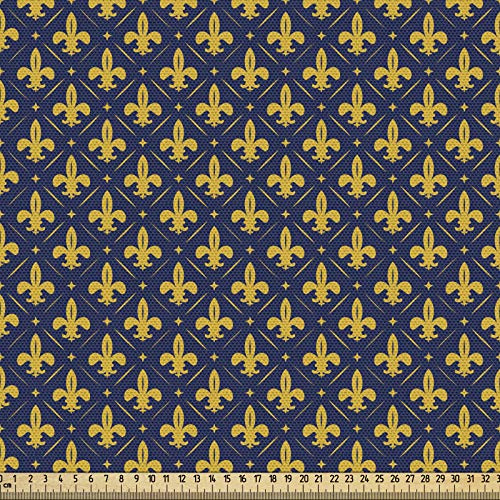 ABAKUHAUS Blau Gelb Weinlese Gewebe als Meterware, Fleur de Lis, Schön Gewebten Stoff für Polster und Wohnaccessoires, 1M (148x100cm), Nachtblau Gelb