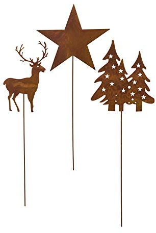creativ home Metall STECKER. Hirsch, Baum, Stern. 3 Stück Set. Rost Dekostecker. Ca 40-50 cm. Art.: 6019823-37 (3 Stück)