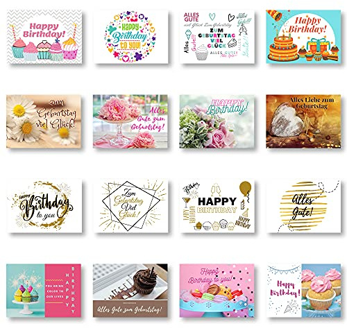 Domelo Geburtstagskarten 16er Set mit Umschlag, Happy Birthday Postkarten, Kraftpapier Karten zum Geburtstag, Geburtstagskarte für Mann/Frau/Kinder, Postkarte als Grußkarten, (Set 1)