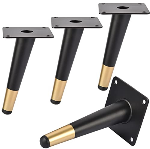 TCHOSUZ 12 Inch Heavy-Duty Metal Furniture Legs 4-Pack Oblique Black Gold | Sturdy Tapered Iron with anti-rust coating, Support 300lbs, Pre-drilled Holes & Screws for Fast DIY, Fits Cabinet Sofa Table