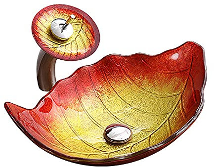 SHUGUANG Lavabo Vasque en Verre Trempé, Vasque à Poser en Verre Trempé Artistique Lavabo Lave-Mains Forme de Feuille Lavabo Vasque a Poser avec Robinet Cascade, 550×355×160mm,Rouge