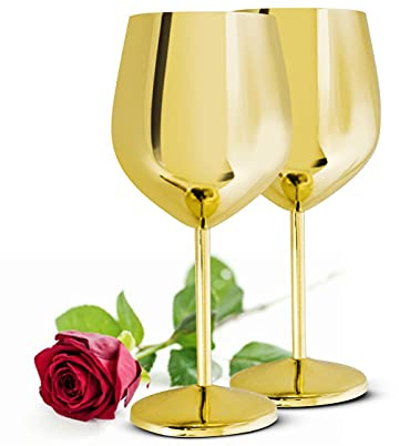 Sendez 2er Set Edelstahl Weingläser 510 ml Gold – Unzerbrechliche Metall Weinkelche für Rotwein & Weißwein – Elegante Goldene Weingläser aus Edelstahl – Bruchsicher für Outdoor, Garten & Zuhause