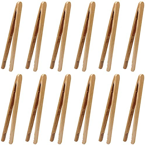12 Pcs Bamboo Tongs 7 Inch Bamboo Toast Tongs for Serving Pickle Muffin, Cheese Fruits Salad, Toast & Bread