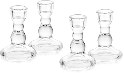 Glass Taper Candle Candlestick Holders, 4Pcs Glasseam Clear Candle Stick Holder Set Bulk Decorative Christmas Candlesticks Holder for Dining Table Centrepiece for Dinner Wedding Living Room