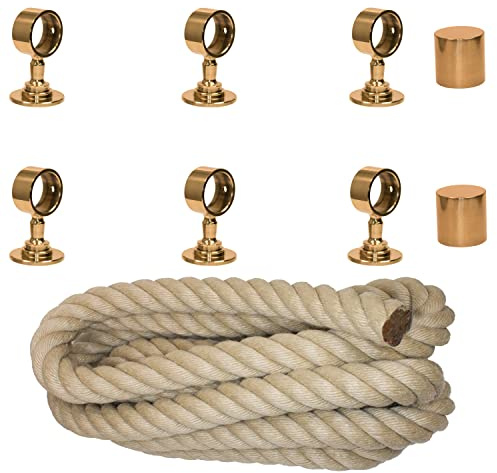 Handlaufseil-Set Ø 30 mm – 6 m Polyhanf-Seil „Nature Touch“ naturfarben mit 2 Endkappen & 6 Seilträgern, Messing glänzend | Treppe & Geländer