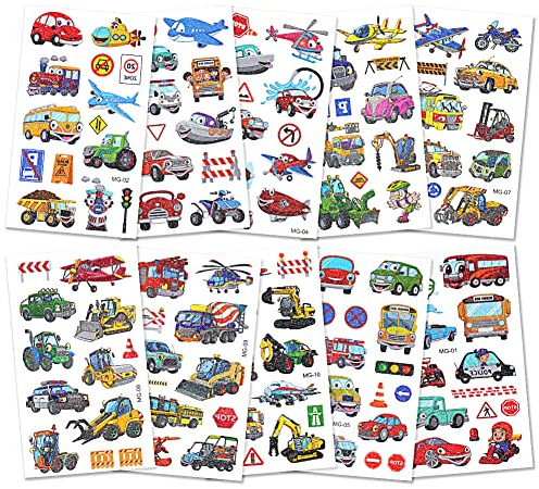 AOOWU Tatouage Temporaire Enfant, 10Pcs Briller Etanche Tatouage Transport Enfant Kit Tatoo, Autobus Avions Excavatrices, Tatouage Temporaire Enfant pour Filles Garçons Noël Anniversaire Cadeau