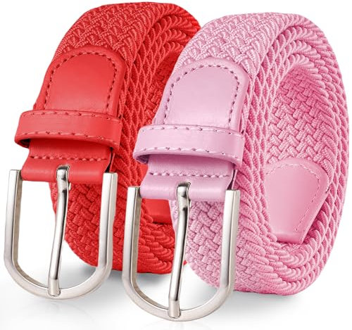 TANGCHAO 2 Stücke Stoffgürtel Stretchgürtel Elastik Flechtgürtel Geflochtener und Elastischer Dehnbarer Gürtel für Damen und Herren Breite 3.3cm Rot+Rosa 120cm