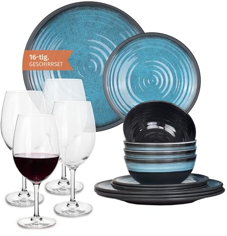 Melamin Camping Geschirr Set 4 Personen Stone Blue + 4 Timo Rotwein Gläser Rot Weingläser Tafelgeschirr Picknick BBQ Kochgeschirr