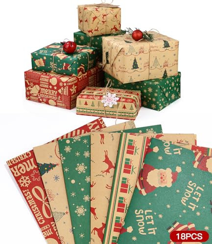 18 Fogli Carta da Regalo Natalizia, Kraft Carta da Pacchi Natale 70X50cm con Corde e Etichetta, 6 Diversi Motivi Compleanno Carta Regalo Natale Rotolo Riciclabile per Capodanno, Vacanze, Compleanno