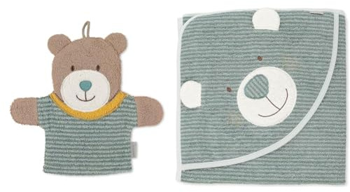 Sterntaler Spiel-Waschhandschuh Bär Ben, Größe: 22 x 24 cm, Mittelgrün & Kapuzenbadetuch Bär Ben, Alter: ab 0 Monaten, 100 x 100 cm, Baumwolle, Mittelgrün